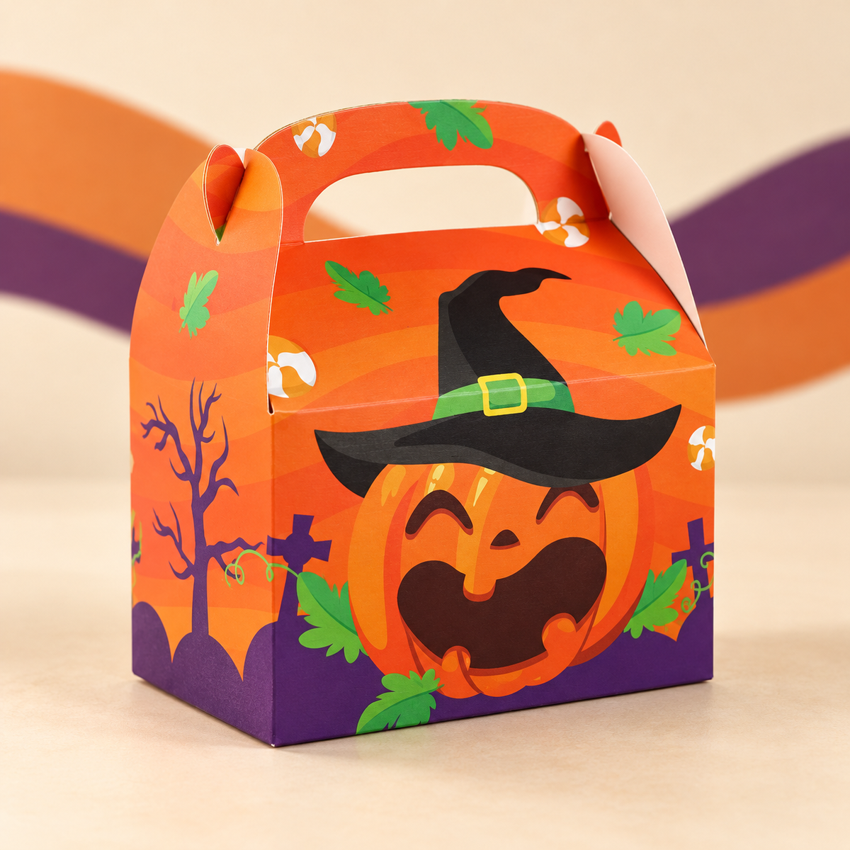 Halloween Retro Limited Community Mix: Halloween Box auf cremefarbenem Hintergrund mit orange-violetten Wellen