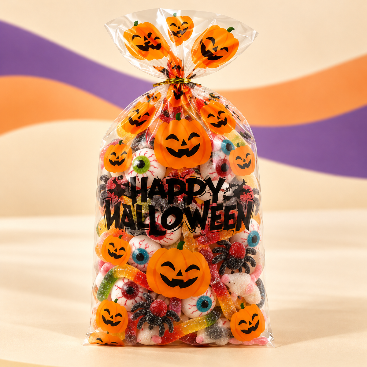 Halloween Limited Candy Community Mix: Halloween Beutel – 300 g auf cremefarbenem Hintergrund mit orange-violetten Wellen