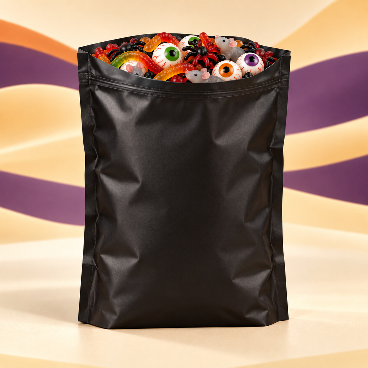 Halloween Limited Candy Community Mix: Schwarze Candy-Tüte – 1 kg auf cremefarbenem Hintergrund mit orange-violetten Wellen