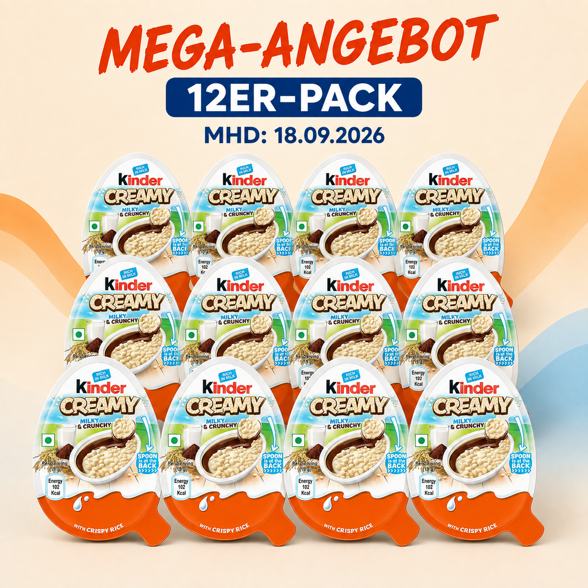 Kinder Creamy Milky & Crunchy 19 g als Mega-Angebot mit Hinweis MHD 18.09.2026