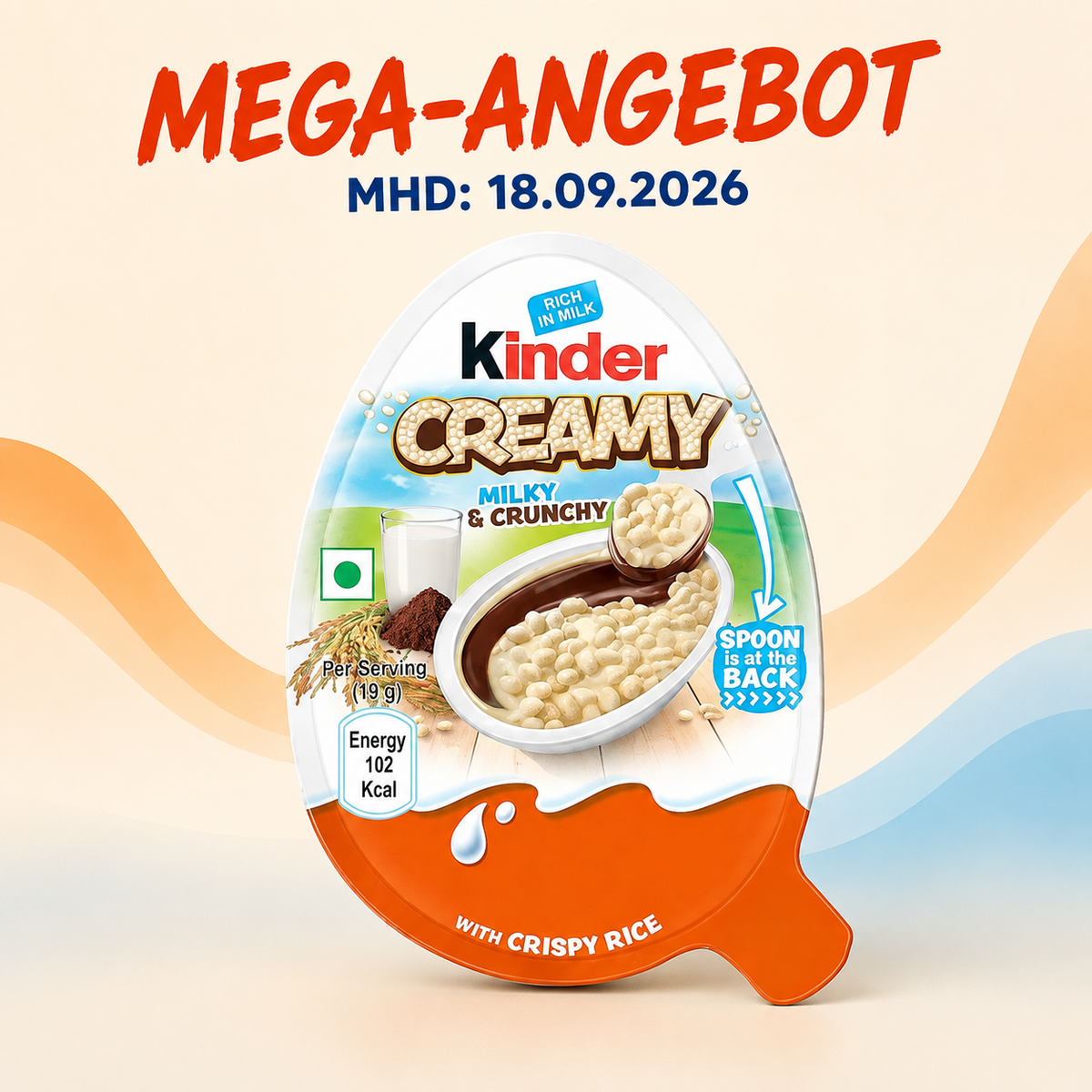 Kinder Creamy Milky & Crunchy 19 g als Mega-Angebot mit Hinweis MHD 18.09.2026