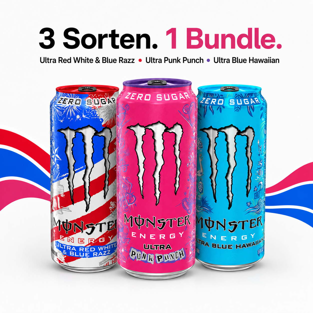 Monster Energy Bundle 3er – Energy Drink Set mit Ultra Punk Punch, Ultra Red White & Blue Razz & Ultra Blue Hawaiian Zero