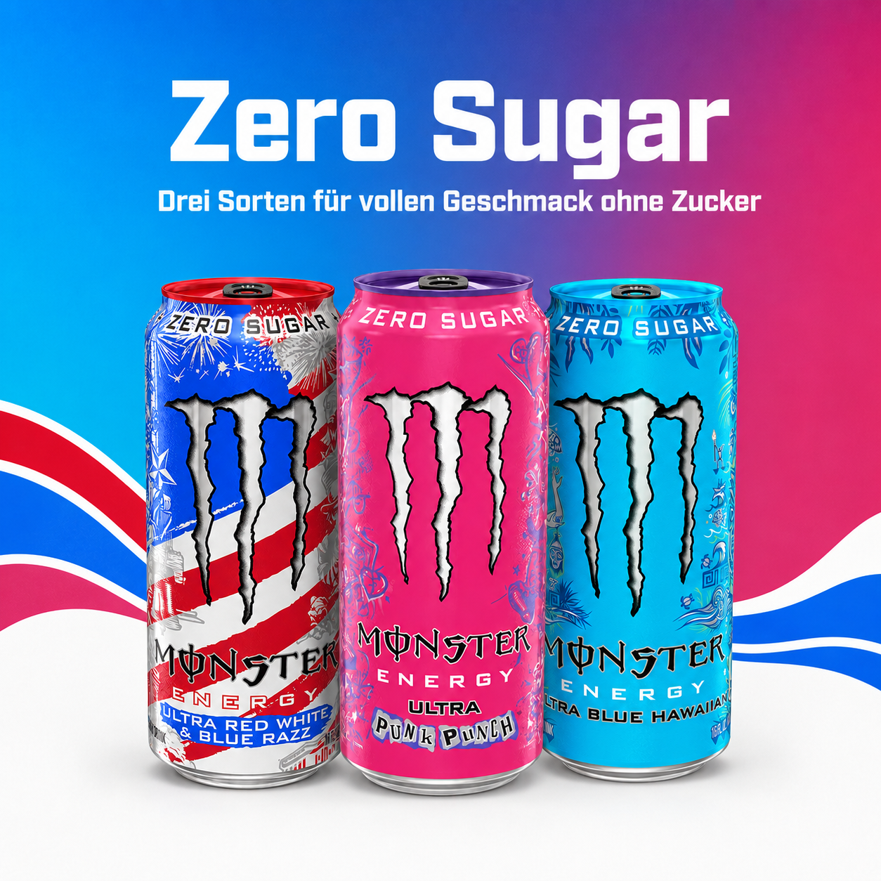 Monster Energy Bundle 3er – Energy Drink Set mit Ultra Punk Punch, Ultra Red White & Blue Razz & Ultra Blue Hawaiian Zero