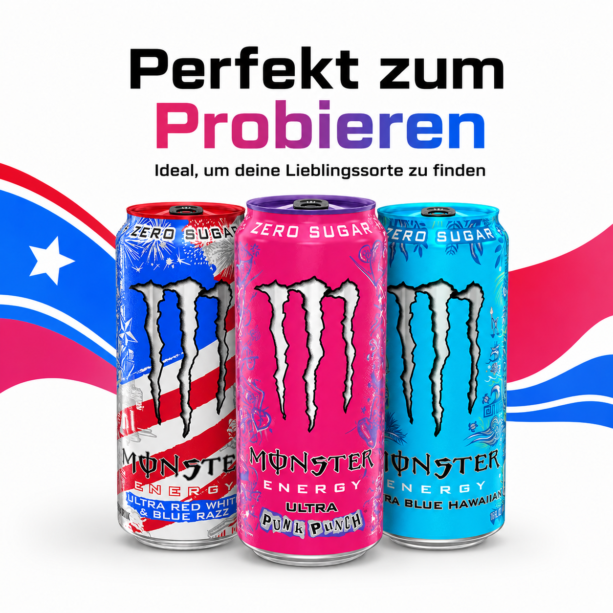 Monster Energy Bundle 3er – Energy Drink Set mit Ultra Punk Punch, Ultra Red White & Blue Razz & Ultra Blue Hawaiian Zero