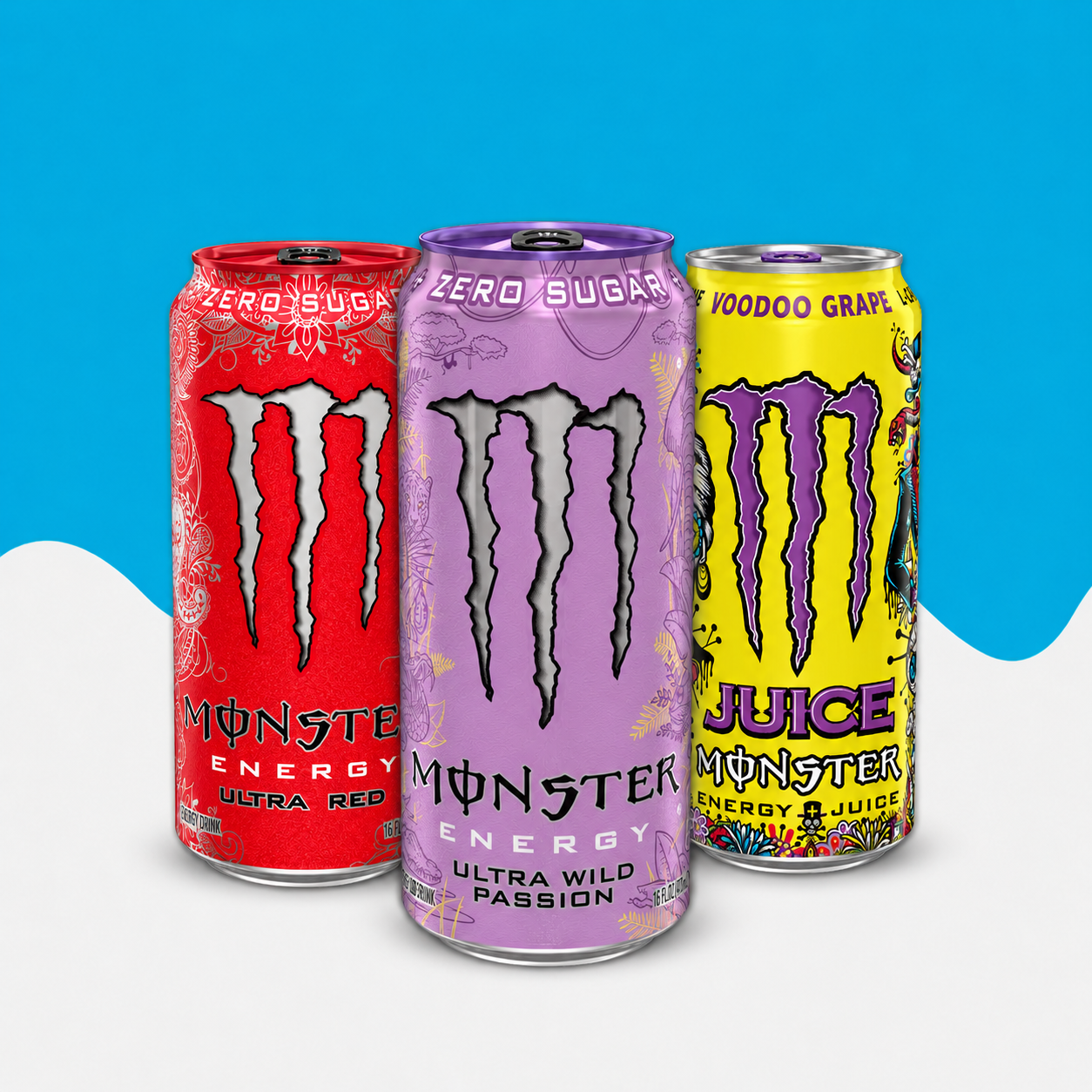 Monster Energy Bundle 3er – Energy Drink Set mit Voodoo Grape, Ultra Red & Wild Passion Zero