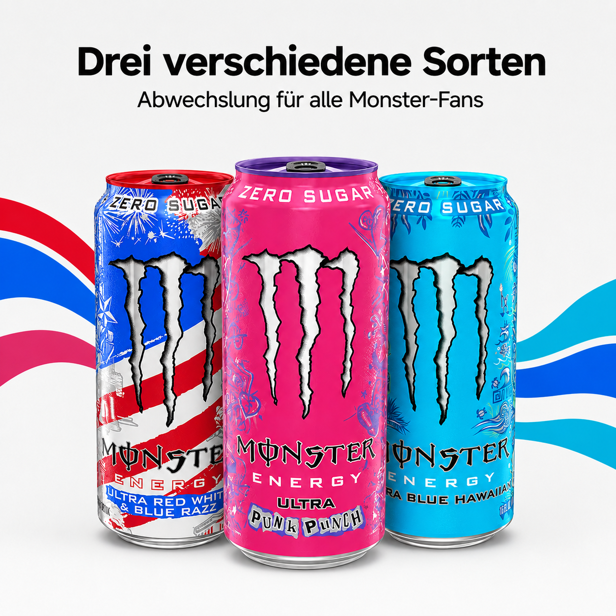 Monster Energy Bundle 3er – Energy Drink Set mit Ultra Punk Punch, Ultra Red White & Blue Razz & Ultra Blue Hawaiian Zero