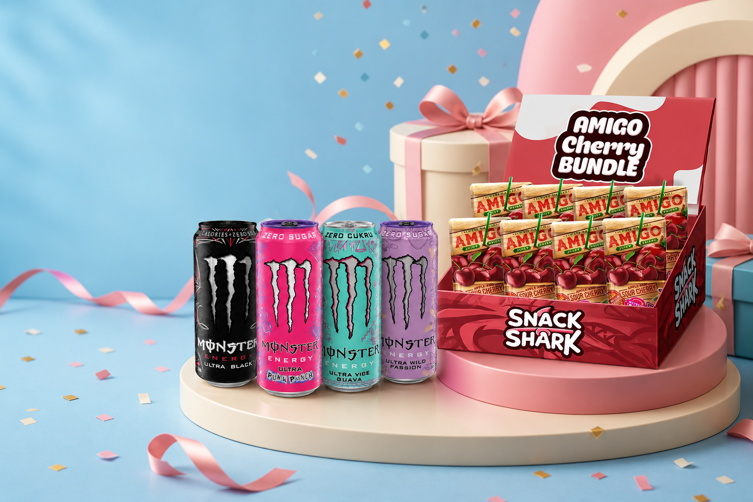 SnackShark Bundle-Kampagne mit Energy Drinks und Amigo Cherry Box