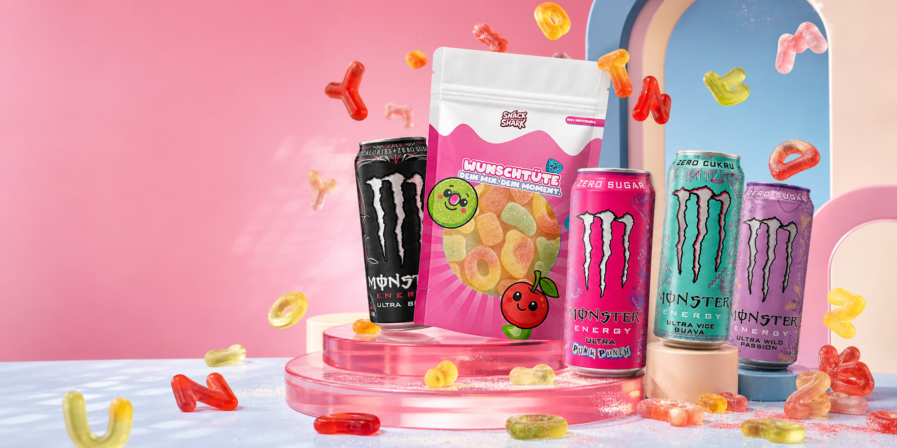 SnackShark Kampagnenmotiv mit Wunschtüte, internationalen Drinks und fliegenden Candys