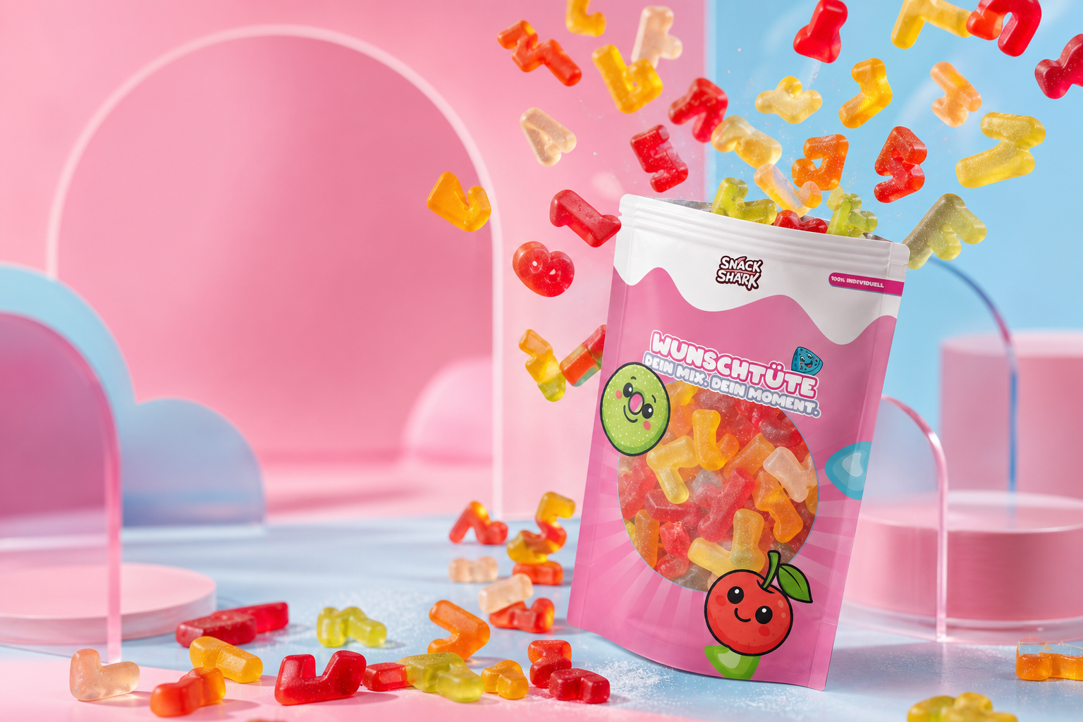 Wunschtüte mit fliegenden Candys in der SnackShark Kampagnenwelt