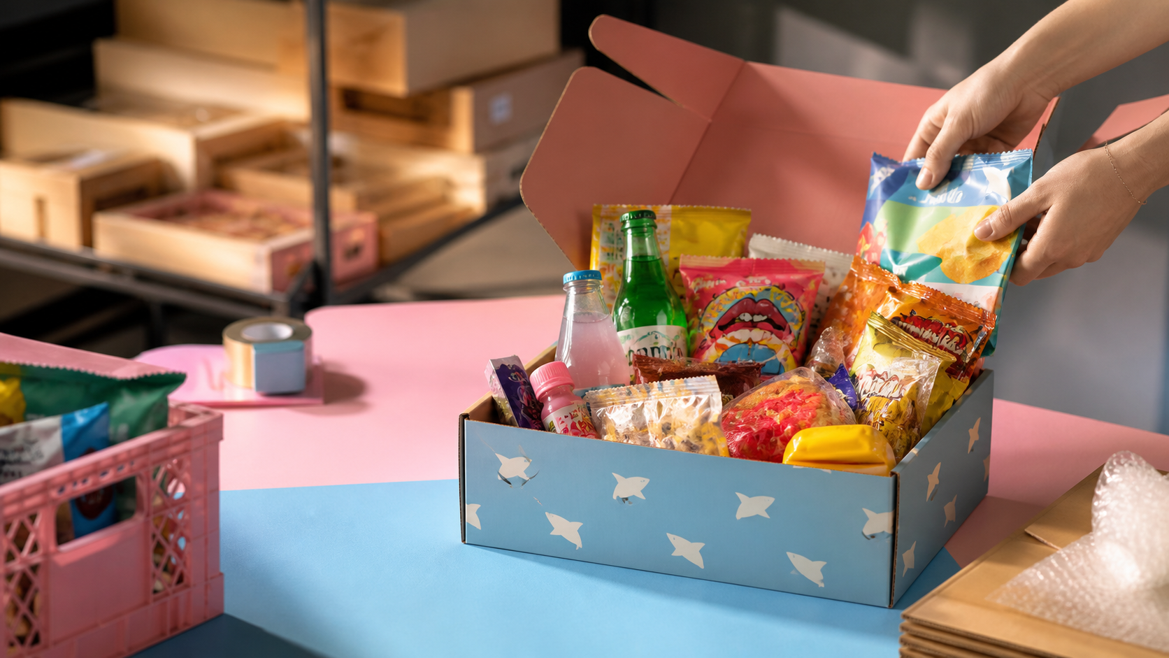 SnackShark Packtisch mit einer Box voller internationaler Snacks