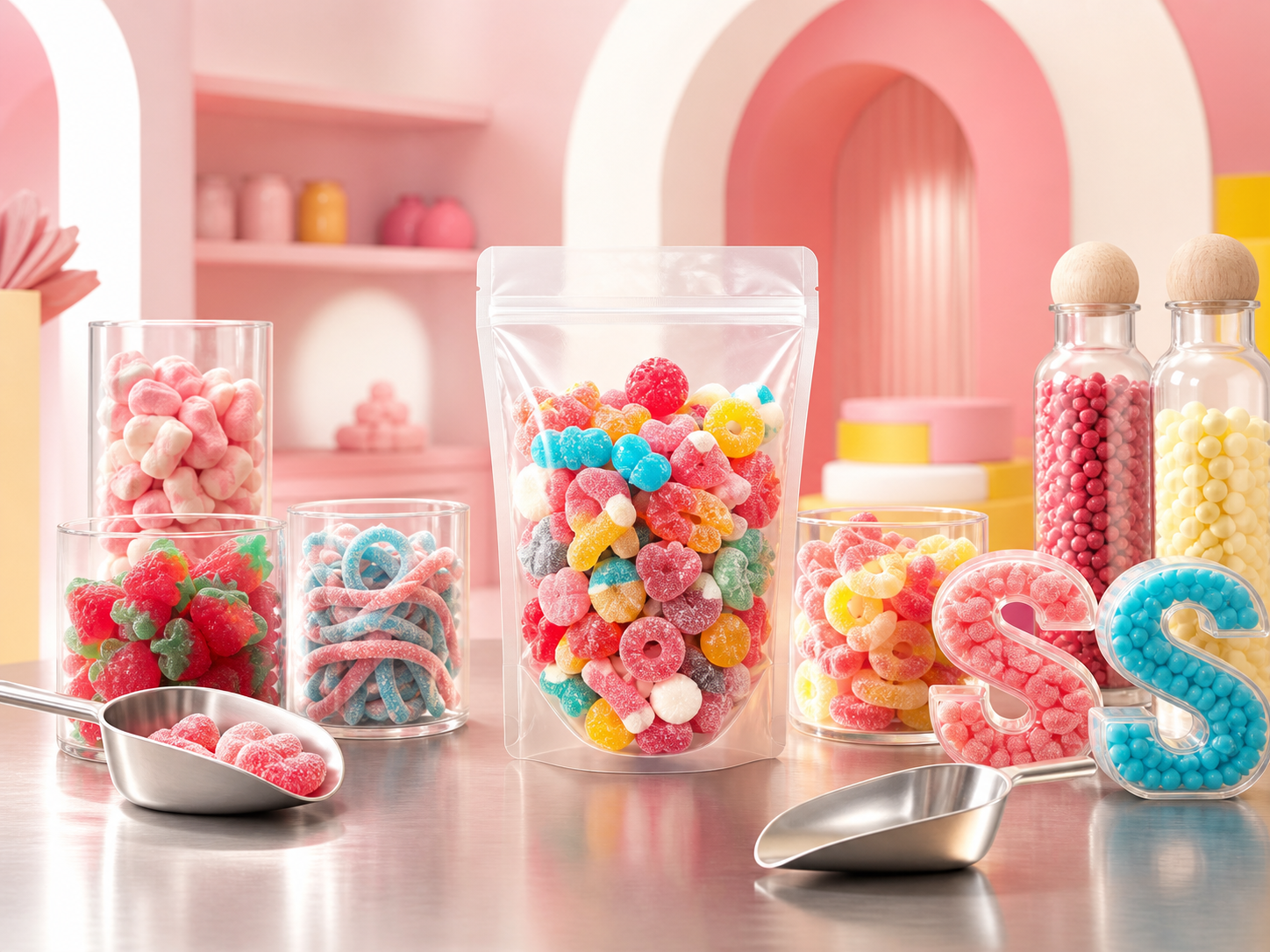 Individuelle Pick & Mix Candy-Mischung in Tüte, Gläsern und Sonderformen