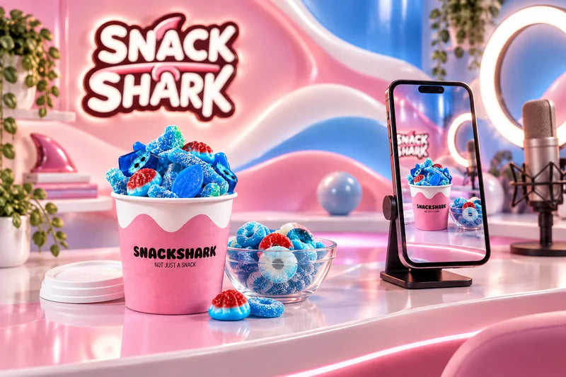 Illustration der SnackShark-Streamwelt mit Candy to go, Smartphone, Mikrofon und Ringlicht